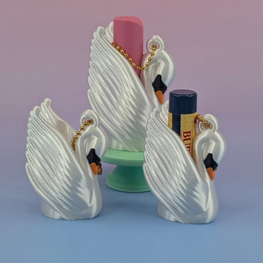 Art Deco Swan Lip Balm Holder Keychain — Vintage-Inspired Pearlescent Cygnet ✨
