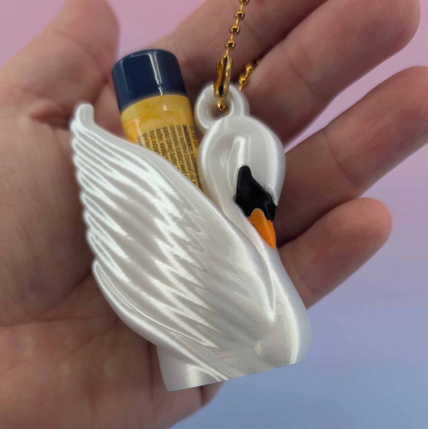Art Deco Swan Lip Balm Holder Keychain — Vintage-Inspired Pearlescent Cygnet ✨