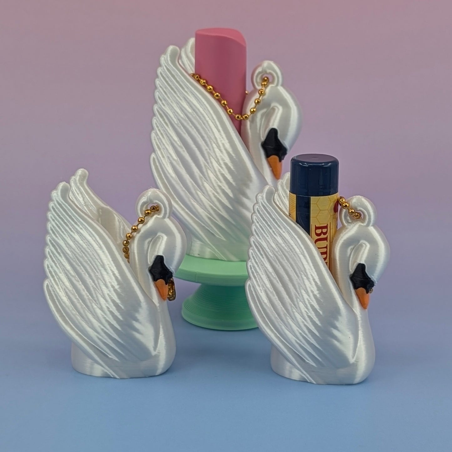 Art Deco Swan Lip Balm Holder Keychain — Vintage-Inspired Pearlescent Cygnet ✨