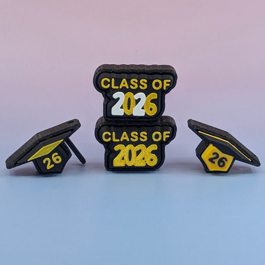 Class of 2026 Graduation Clickers — Tiny Grad Cap + "Class Of" Plaque Fidgets