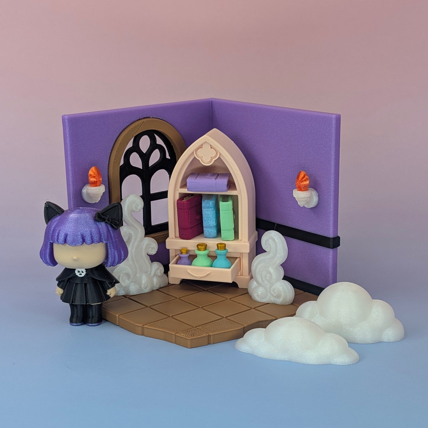 MysticCat Corner Mini Playset – 3D Printed Dollhouse Room with Doll