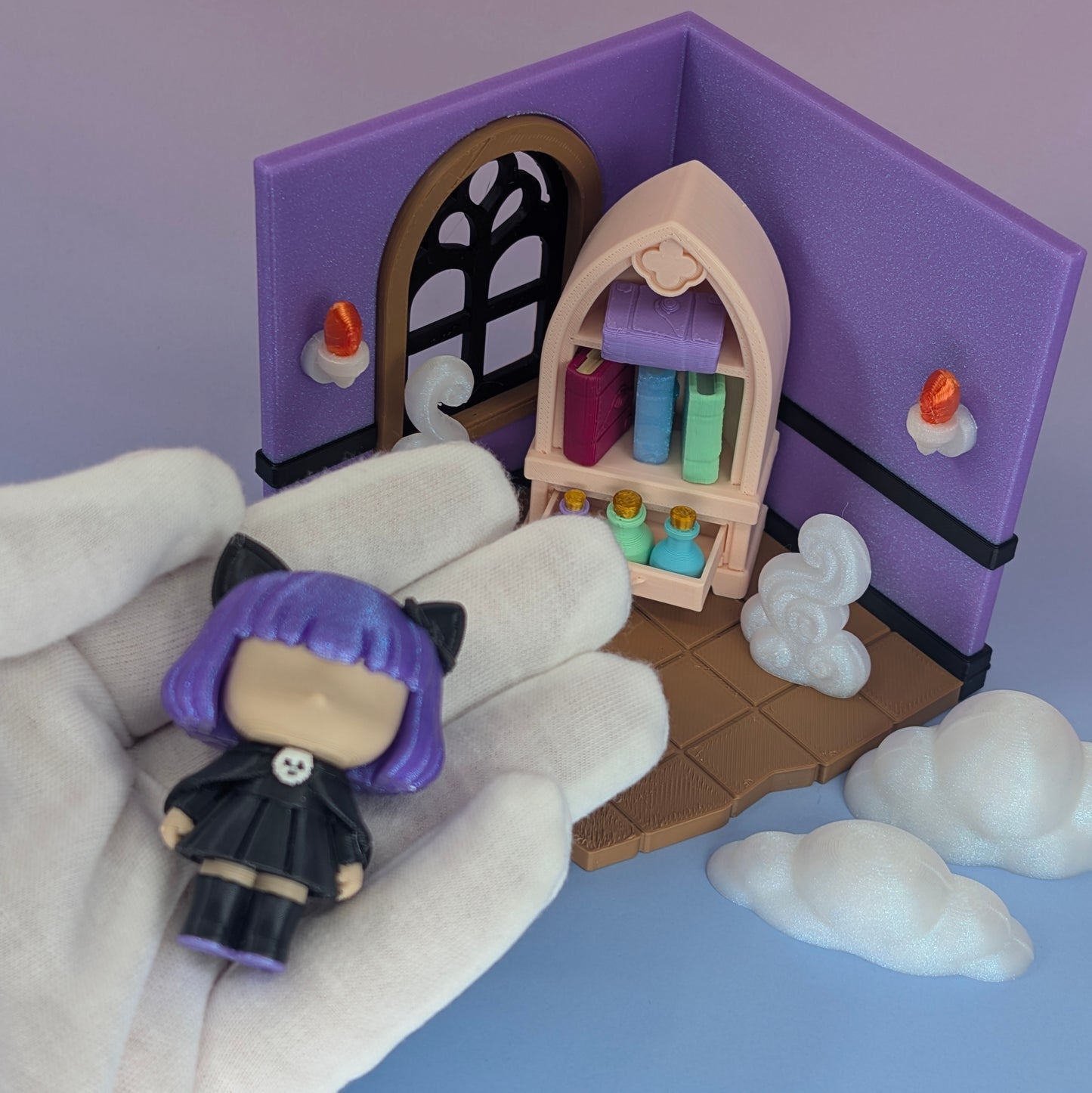 MysticCat Corner Mini Playset – 3D Printed Dollhouse Room with Doll