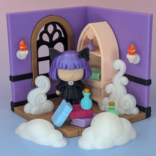 MysticCat Corner Mini Playset – 3D Printed Dollhouse Room with Doll