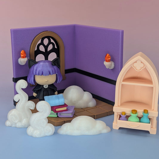 MysticCat Corner Mini Playset – 3D Printed Dollhouse Room with Doll